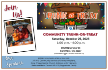 flyer for Trunk or Treating event with festive images and event details