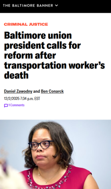 Banner clip: Baltimore union president calls for reform after transportation worker's death