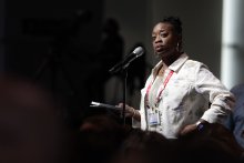 AFT Maryland President Kenya Campbell at a microphone at the AFT National Convention